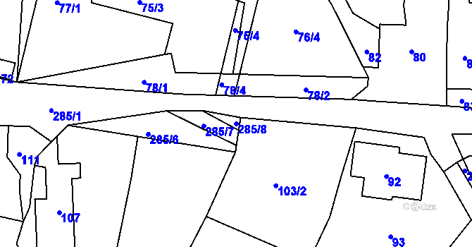 Parcela st. 285/8 v KÚ Zahořany u Berouna, Katastrální mapa