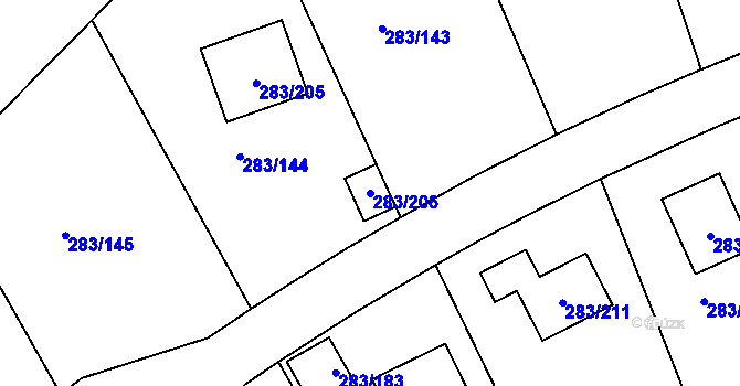 Parcela st. 283/206 v KÚ Zahořany u Berouna, Katastrální mapa