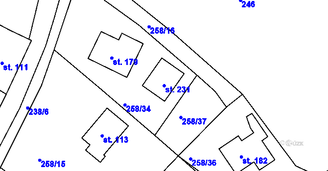 Parcela st. 231 v KÚ Zahořany, Katastrální mapa