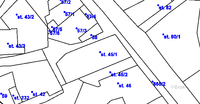 Parcela st. 45/1 v KÚ Zahořany u Litoměřic, Katastrální mapa