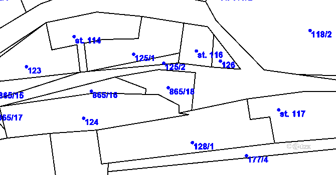 Parcela st. 865/18 v KÚ Zahořany u Litoměřic, Katastrální mapa