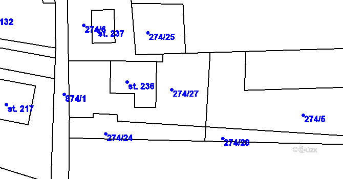 Parcela st. 274/27 v KÚ Zahořany u Litoměřic, Katastrální mapa