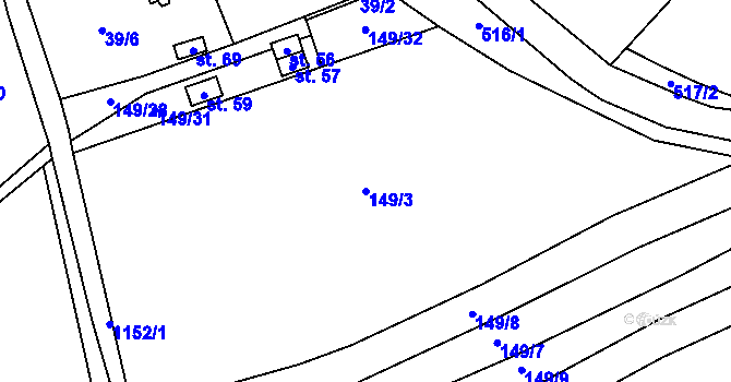 Parcela st. 149/3 v KÚ Hůrky u Zahrádky, Katastrální mapa
