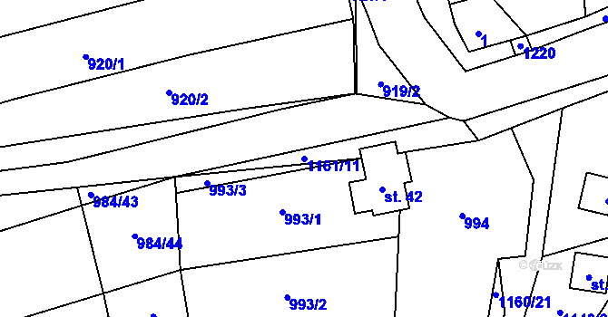 Parcela st. 1161/11 v KÚ Hůrky u Zahrádky, Katastrální mapa