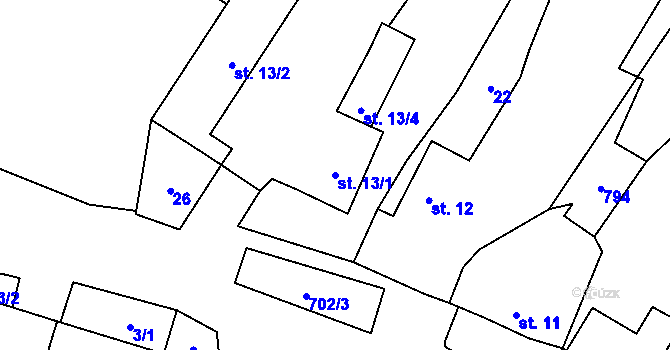 Parcela st. 13/1 v KÚ Mostice, Katastrální mapa