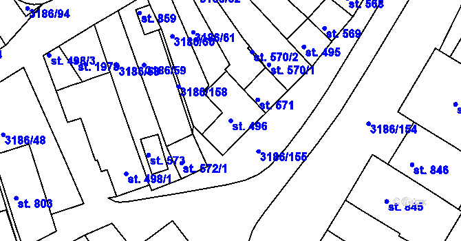 Parcela st. 496 v KÚ Zaječí, Katastrální mapa