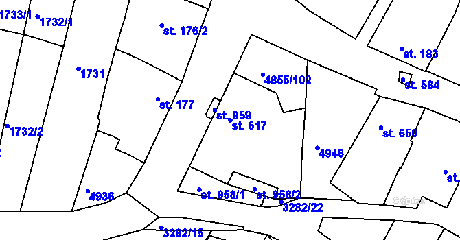 Parcela st. 617 v KÚ Zaječí, Katastrální mapa