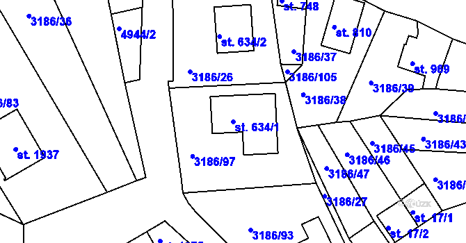 Parcela st. 634/1 v KÚ Zaječí, Katastrální mapa