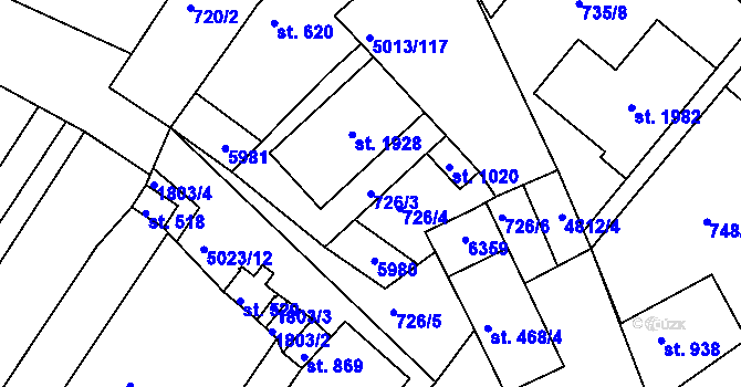 Parcela st. 726/3 v KÚ Zaječí, Katastrální mapa