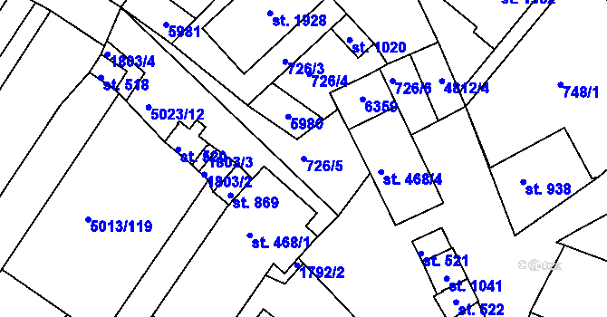 Parcela st. 726/5 v KÚ Zaječí, Katastrální mapa