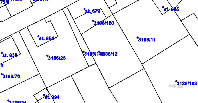 Parcela st. 3186/12 v KÚ Zaječí, Katastrální mapa