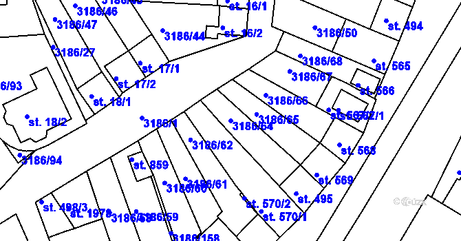 Parcela st. 3186/64 v KÚ Zaječí, Katastrální mapa