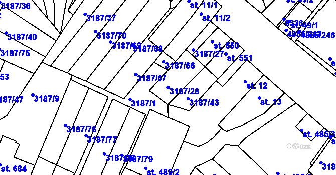 Parcela st. 3187/28 v KÚ Zaječí, Katastrální mapa