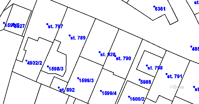 Parcela st. 928 v KÚ Zaječí, Katastrální mapa