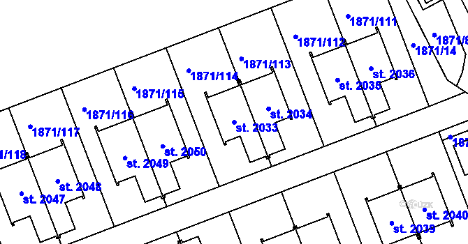 Parcela st. 2033 v KÚ Zaječí, Katastrální mapa