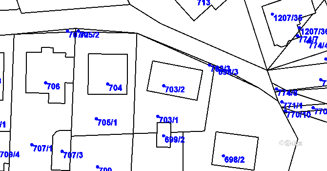 Parcela st. 703/2 v KÚ Zaječov, Katastrální mapa