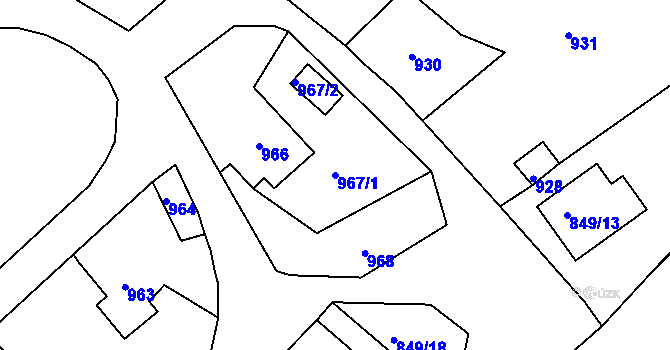 Parcela st. 967/1 v KÚ Zaječov, Katastrální mapa