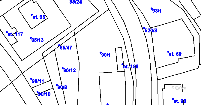 Parcela st. 90/1 v KÚ Zajíčkov, Katastrální mapa