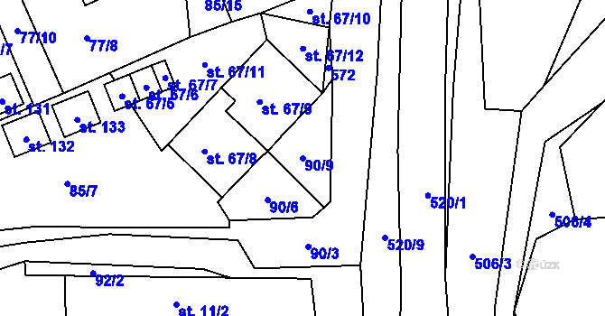 Parcela st. 90/9 v KÚ Zajíčkov, Katastrální mapa