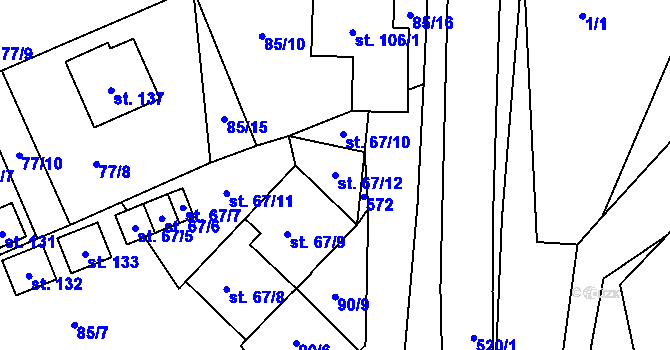 Parcela st. 67/12 v KÚ Zajíčkov, Katastrální mapa