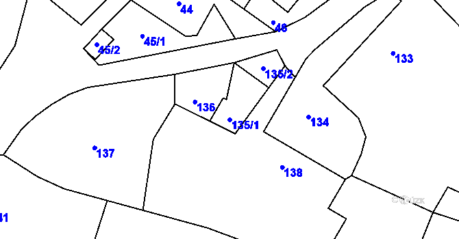 Parcela st. 135/1 v KÚ Zakřany, Katastrální mapa