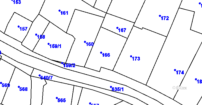 Parcela st. 166 v KÚ Zakřany, Katastrální mapa