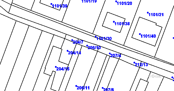 Parcela st. 206/10 v KÚ Zakřany, Katastrální mapa