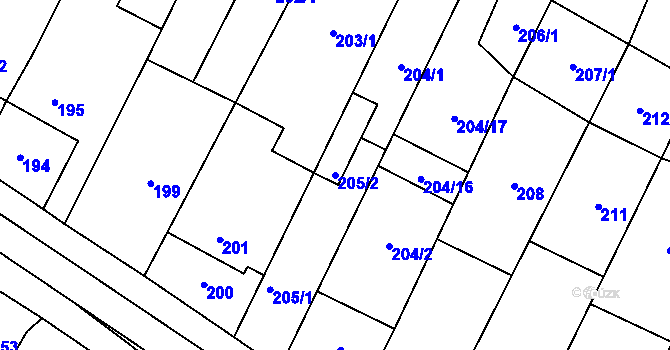 Parcela st. 205/2 v KÚ Zakřany, Katastrální mapa