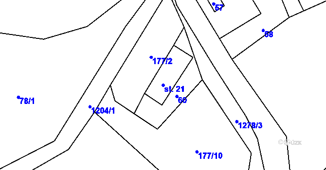 Parcela st. 21 v KÚ Zakšín, Katastrální mapa