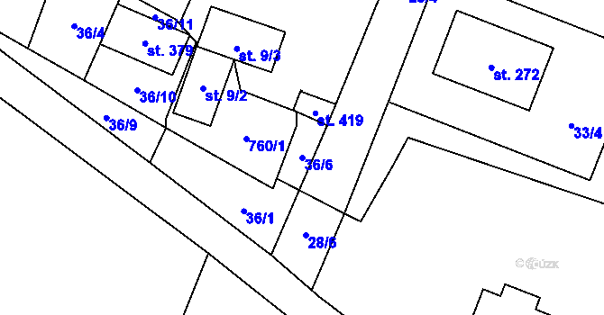 Parcela st. 36/6 v KÚ Záryby, Katastrální mapa