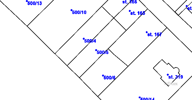 Parcela st. 500/5 v KÚ Záryby, Katastrální mapa