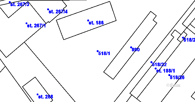 Parcela st. 518/1 v KÚ Záryby, Katastrální mapa
