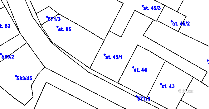 Parcela st. 45/1 v KÚ Záryby, Katastrální mapa