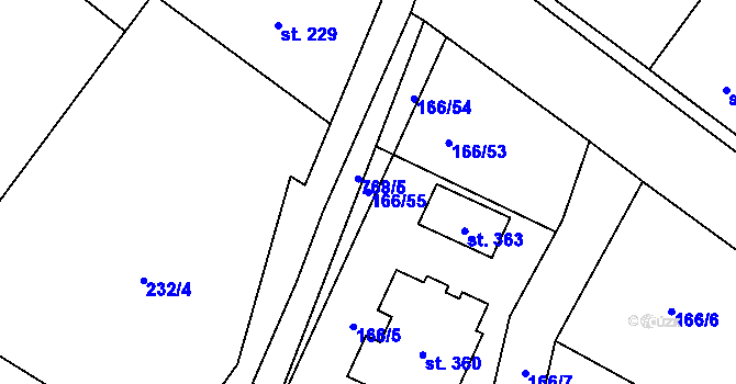 Parcela st. 166/55 v KÚ Záryby, Katastrální mapa