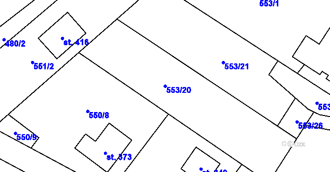 Parcela st. 553/20 v KÚ Záryby, Katastrální mapa