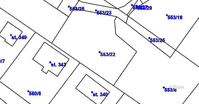 Parcela st. 553/22 v KÚ Záryby, Katastrální mapa