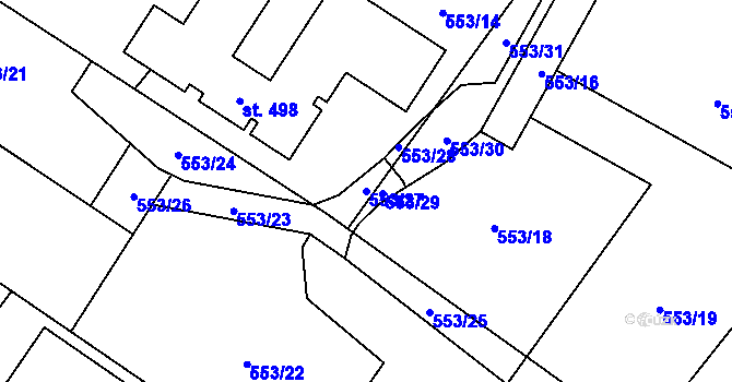 Parcela st. 553/27 v KÚ Záryby, Katastrální mapa