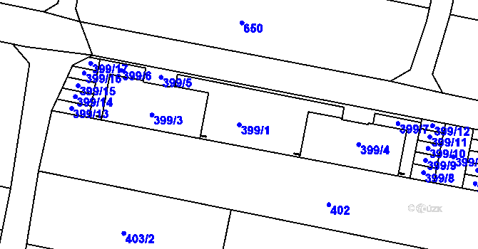 Parcela st. 399/1 v KÚ Záříčí, Katastrální mapa