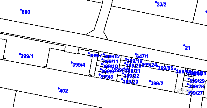 Parcela st. 399/12 v KÚ Záříčí, Katastrální mapa