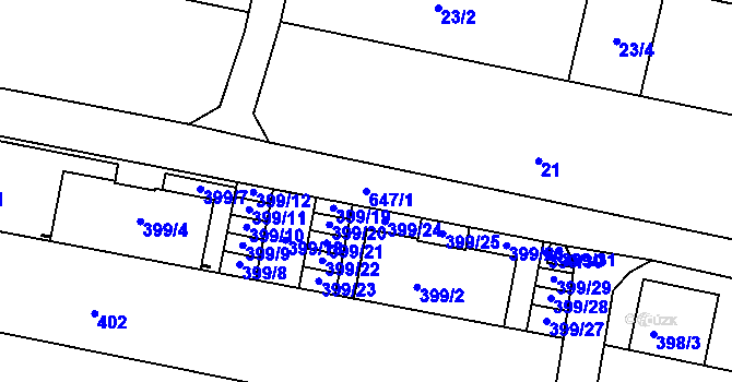 Parcela st. 647/1 v KÚ Záříčí, Katastrální mapa