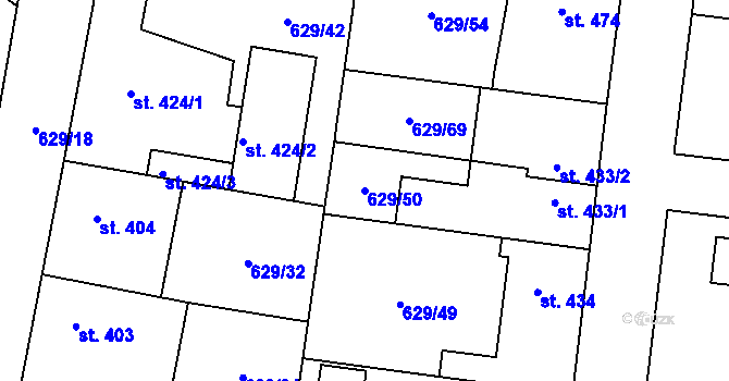 Parcela st. 629/50 v KÚ Zásmuky, Katastrální mapa
