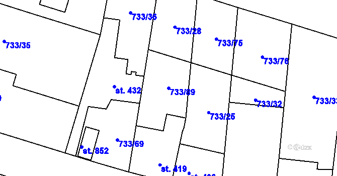 Parcela st. 733/89 v KÚ Zásmuky, Katastrální mapa