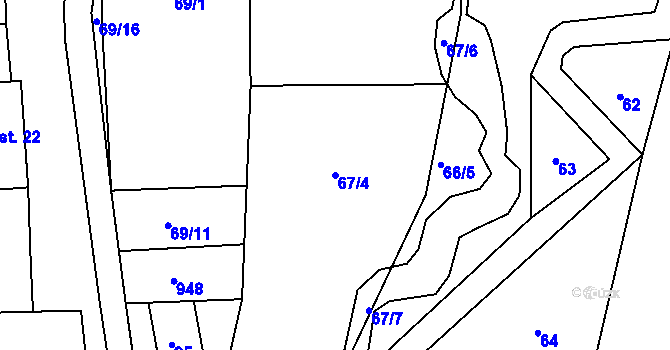 Parcela st. 67/4 v KÚ Zástřizly, Katastrální mapa