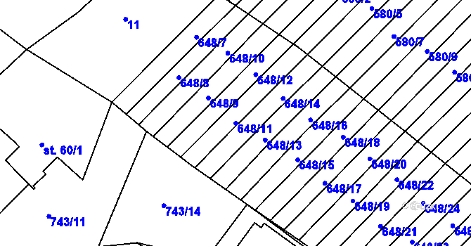 Parcela st. 648/11 v KÚ Zástřizly, Katastrální mapa