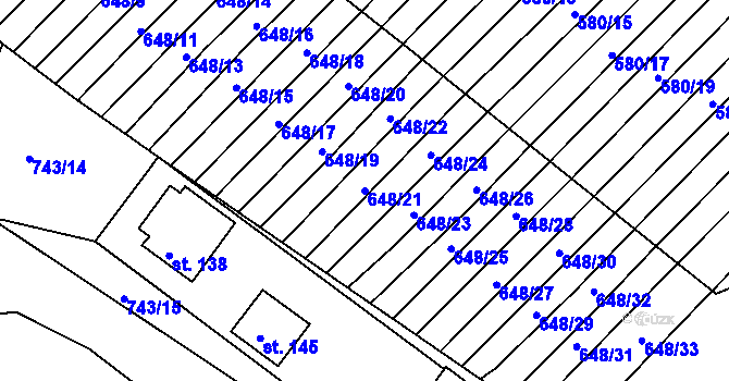 Parcela st. 648/21 v KÚ Zástřizly, Katastrální mapa