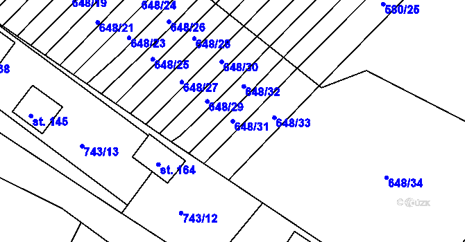 Parcela st. 648/31 v KÚ Zástřizly, Katastrální mapa