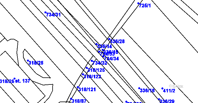 Parcela st. 734/33 v KÚ Zástřizly, Katastrální mapa