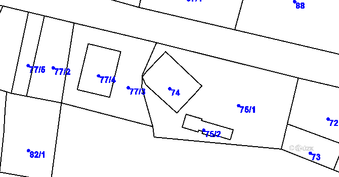 Parcela st. 74 v KÚ Závišice, Katastrální mapa