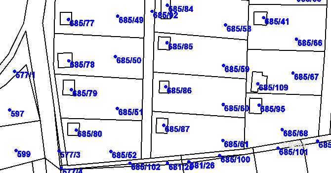 Parcela st. 685/86 v KÚ Závišice, Katastrální mapa