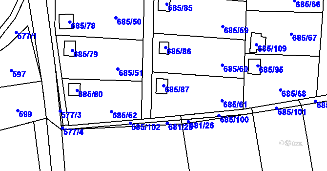 Parcela st. 685/87 v KÚ Závišice, Katastrální mapa